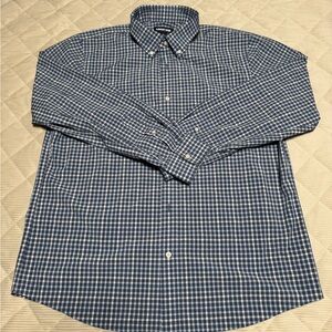 Lands’ End Navy and White Men’s Plaid Oxford Shirt